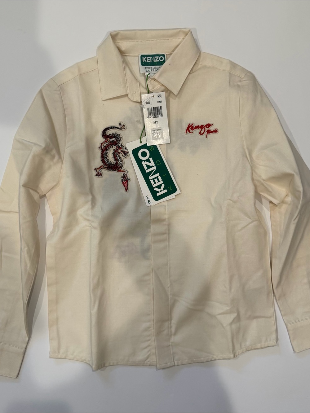 Kenzo Kids Cream Long-Sleeve Shirt with Red Dragon Embroidery